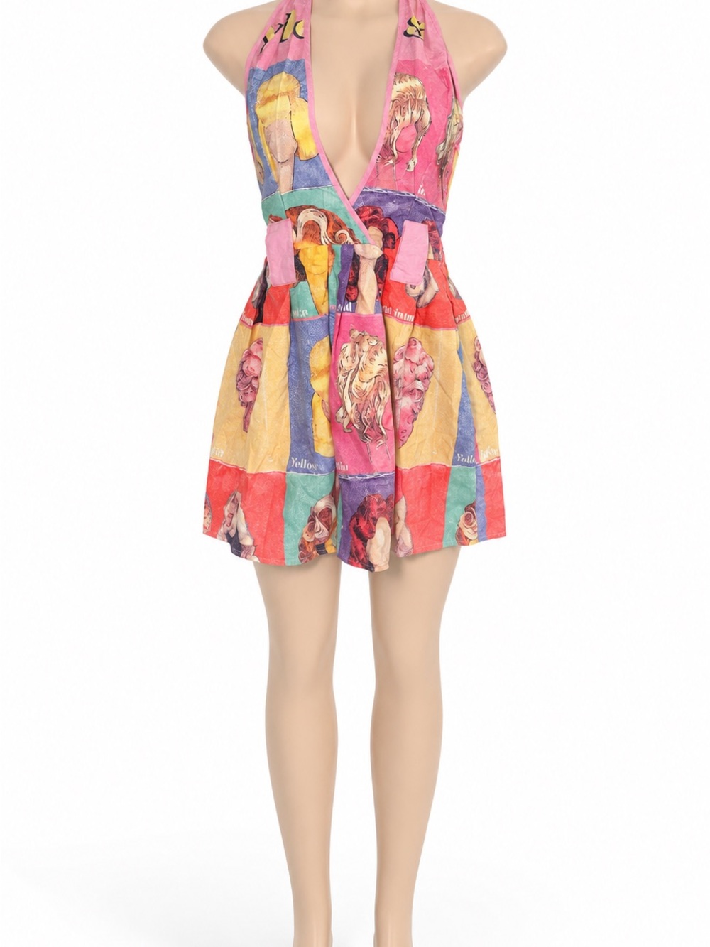 SHEIN Pink Multicolor Patchwork Halter Mini Dress